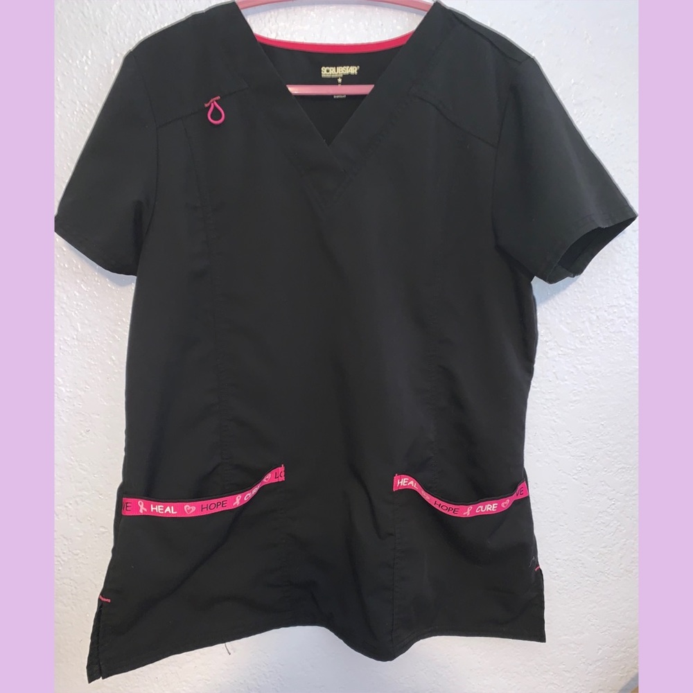 M black scrub top with pink ribbon